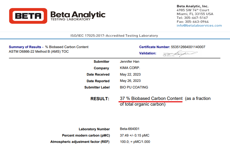 37% Biobased Carbon Content on Kima Bio PU